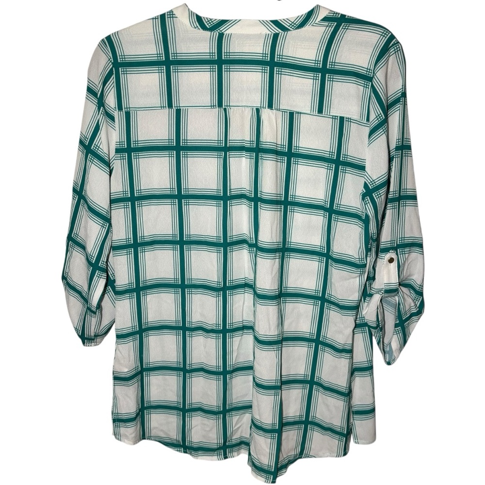 Renuar Women's Small Button Down Plaid 3/4 Length Sleeves Gridlines V Neck Top - Picture 3 of 6